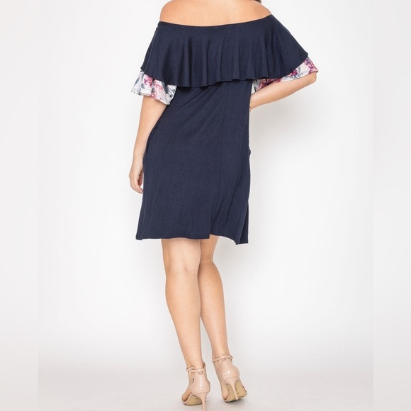 Eloges • Navy & Floral Lace Ruffle Off Shoulder Dress - Picture 3 of 16